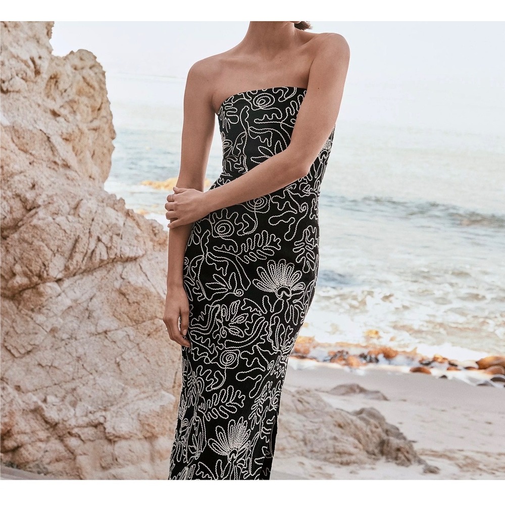 LOFT Black Strapless Midi Dress with White Floral Embroidery